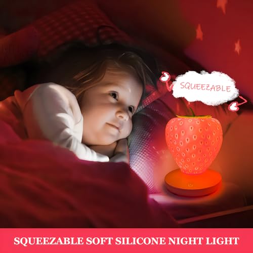 Strawberry Night Light, LED Cute Night Light, Cute Silicone Strawberry Lamp, 3 Modes Touch for Birthday, Christmas (Red)