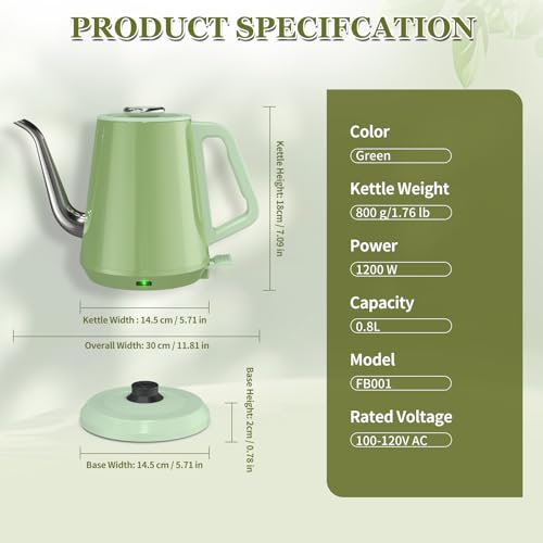 Gooseneck Electric Kettle 0.8L, 1200W Fast Boil, Stainless Steel, Green