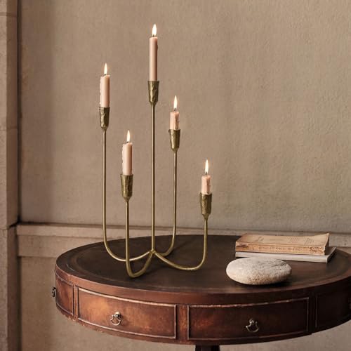 Antique Brass 5-Arm Candle Holder - 15 Inch Cast Iron Candelabra for Weddings & Home Decor
