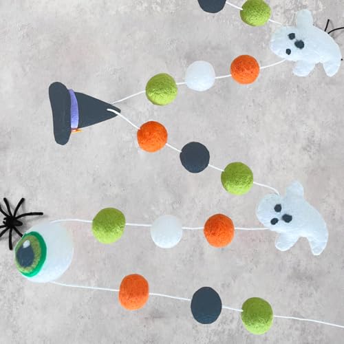 Halloween Felt Garlands Ghost Halloweens Garland Felts Balls Decorations Fall Pom Pom Garlands Halloween Banner Indoor Holiday Felts Garlans for Hallo ween Thanksgiving Fall Home Decor