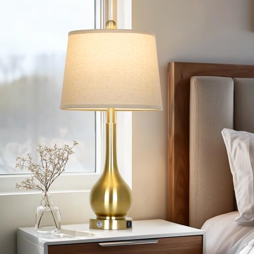 Gold 26-inch Table Lamps Set of 2 with Touch Control & USB Ports - Modern Bedside Lighting - Variation: Gold - 26H
