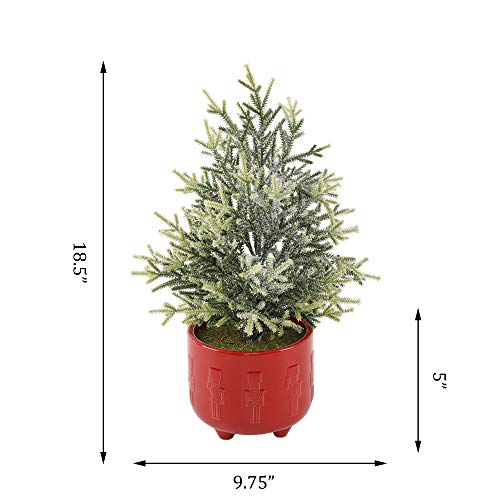 Flora Bunda 18.5 Inch Frosted Christmas Tree with Red Cracker Ceramic Foot, Holiday Decor