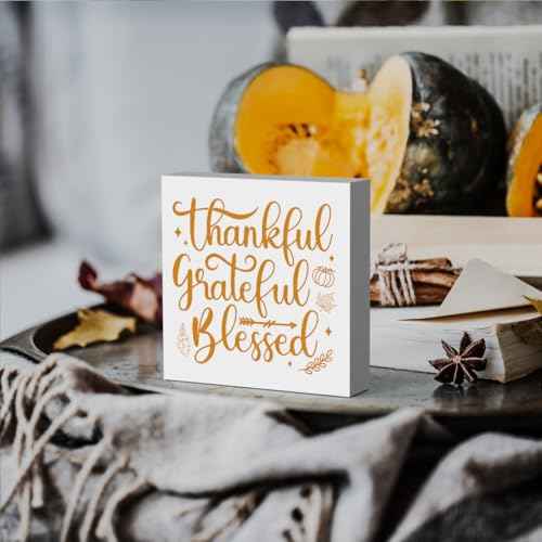 HTBIG Thanksgiving Decor Thankful Gratefulbl Blessed Home Desktop Wooden Box Signs Applies To Room Indoor Office 5 x 5 Inch