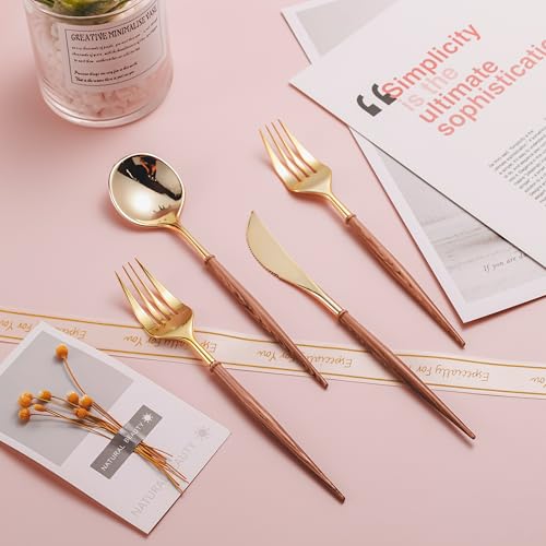 Lullaby 240PCS High End Gold Plastic Silverware with Wood Grain Handle