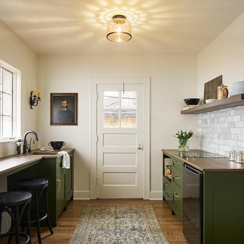 Zlepmlla Glass Ceiling Light - Black Hammered Glass Shade, Farmhouse Semi Flush Mount with Variation Black Wave