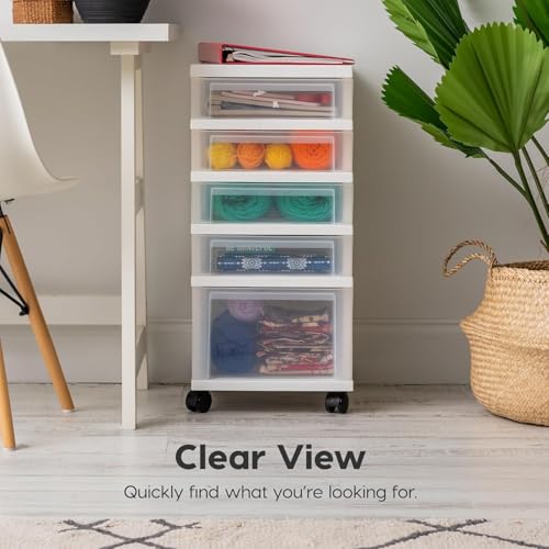 5-Drawer Rolling Storage Cart with Organizer Top - White/Clear, Mobile & Secure