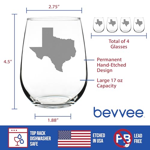 Bevvee Texas State Outline Stemless Wine Glass Set of 4 - 17 oz Texans Souvenir