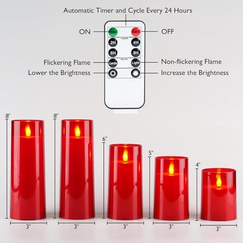 Homemory Red Flickering Flameless Candles, Battery LED Pillar Set of 5 with Remote & Timer (Red, 3in x 4in, 5/6/8/8in)