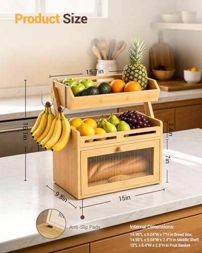 Bamboo Bread Box with Fruit Basket - Kitchen Countertop Organizer
