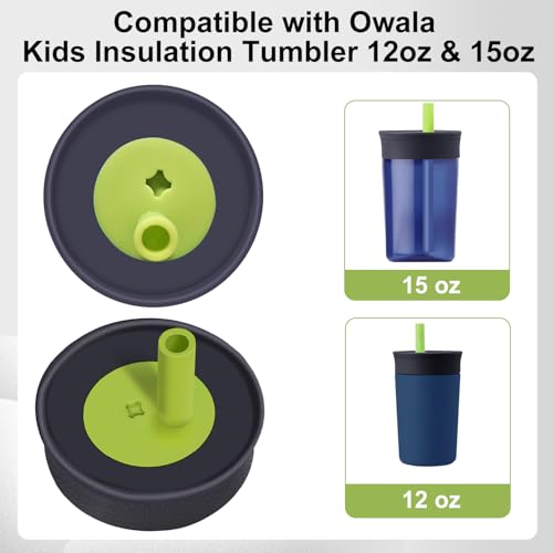 PHULWEL 2 Pack Replacement Lids for Owala Kids Insulation Tumbler 12oz & 15oz, Spill Resistant Cap with 4 Flexible Straws, BPA-Free, Dishwasher Safe, Accessories for Owala Kids Bottle(Blue)