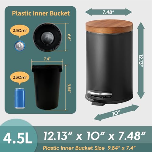 Black Bamboo Lid Trash Can 4.5L Steel Waste Bin with Plastic Inner Bucket