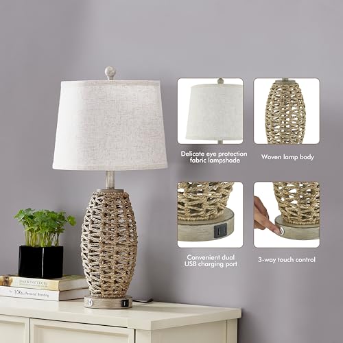 27-Inch Natural Rattan Table Lamps Set of 2 with USB Ports & Dimmable Touch Control