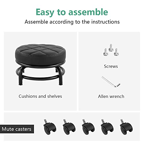 FURWOO Black PU Leather Rolling Stool with Wheels - Low Manicure & Garage Seat