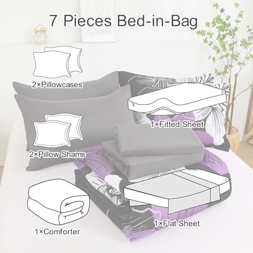 Luxudecor Queen Size Purple & Black Floral Comforter Set - 7 Pieces Bed in a Bag