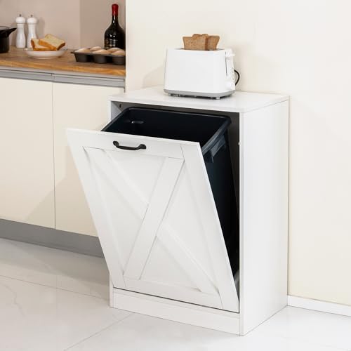 White 13 Gallon Tilt-Out Trash Can Cabinet - Wooden Kitchen Waste Bin & Recycling Storage