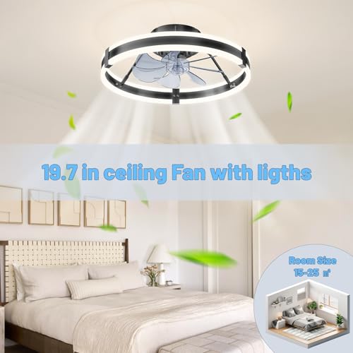 Black 19.7-Inch Low Profile Bladeless Ceiling Fan with Lights & Remote - Modern Design
