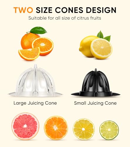 Electric Orange Juicer Squeezer with 2 Cones & Soft Grip Handle - Black
