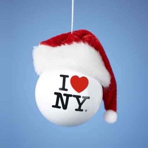Kurt Adler Plastic Ornament for Christmas Tree, I Love NY Ball with Fabric Santa Hat, 3.5"
