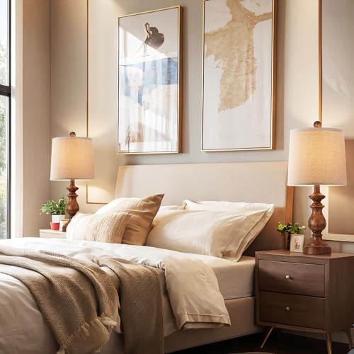 PARTPHONER Rustic Farmhouse Wood Grain Table Lamp Set of 2 - 22 Inch Linen Shade Nightstand Lamps for Living Room & Bedroom