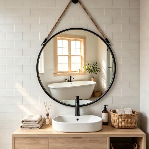 Large Round Hanging Mirror with Jute Rope - 30 Inch Black Wall Decor - POZINO