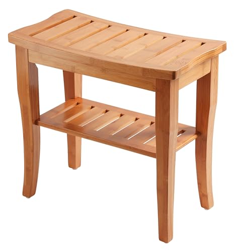 Bambüsi Bamboo Shower Bench with Storage Shelf, Non Slip Feet - Compact Spa Seat