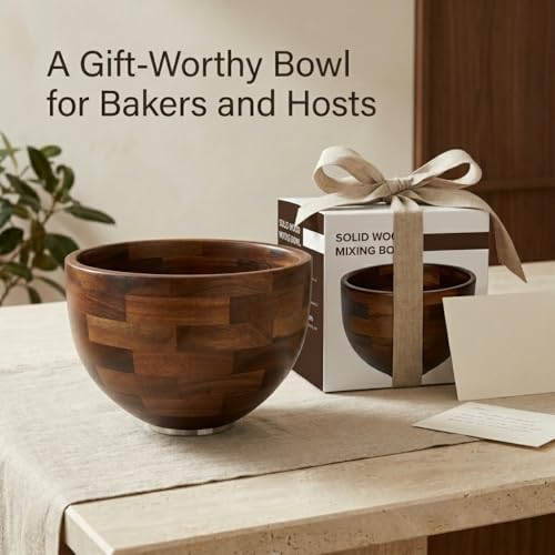 Natural Wood Mixing Bowl for KitchenAid Tilt-Head Stand Mixers - 4.5-5 Qt, Acacia with Stainless Steel Base - Variation of Natural Wood