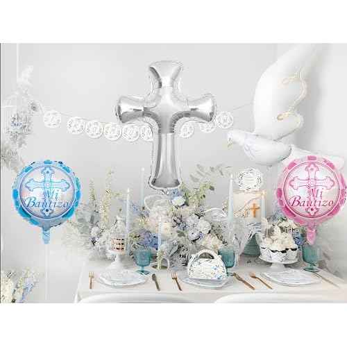 5Pcs Silver Cross Balloon Jumbo Baptism/First Communion Baptism Party Decor For Boys&Girls/Shiny Heart/Birthday Wedding Christmas Communion Christening Religious Balloon