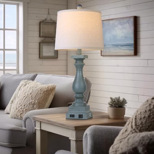 Farmhouse Table Lamps Set of 2 with USB-C & AC Outlets - Blue Vintage Nightstand Lamps - 3 Way Touch Control for Bedroom Living Room Office - Blue-2pack