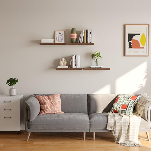 Rustic Brown Floating Shelves Wall Set of 4 - 16 Inch Wall Mounted Storage & Display