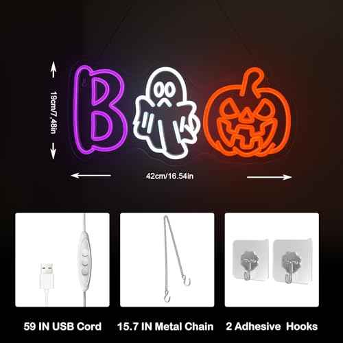 BOO Neon Sign, Halloween LED Wall Light with Ghost Pumpkin Neon Decoration for Halloween Party, Home, Bar