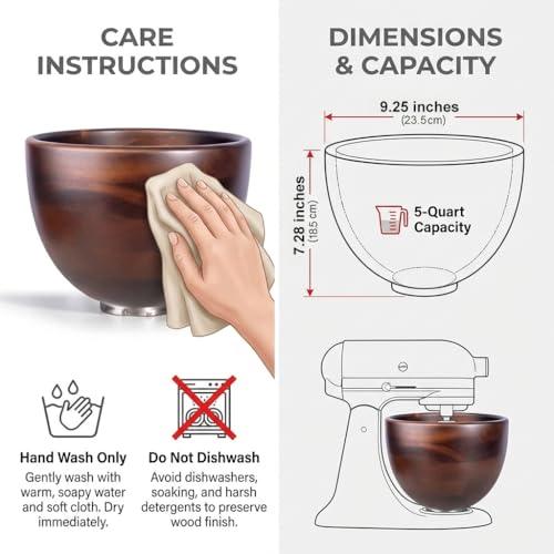 Acacia Wood Mixing Bowl for KitchenAid 5QT Mixers - 5 Quart Tilt-Head Compatible