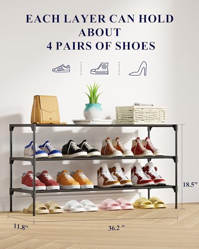 Kitsure Non-Woven Shoe Rack - 36.2-Inch Wide 3-Tier Storage, Black