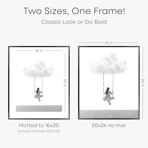 Homeforia 20x24 Picture Frame Black, High End Metal 20x24 Frame Matted to 16x20 Print, 20 x 24 Black Poster Frames with Mat 16 by 20 inch Photo, 24x20 Hanging Frame, Tempered Glass, Wall Kit, Set of 1