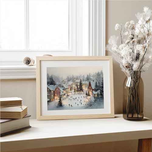 Christmas Village Winter Scene Wall Art Print, Ice Skating Holiday Painting, Snowy Town Square Christmas Decor, Rustic Farmhouse Holiday Wall Artwork, Cozy Festive Home Decoration (8X10inch-Unframed)