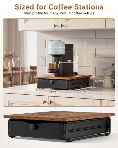 Everie Coffee Pod Drawer Organizer for Vertuo - Rustic Brown Wood Top, Holds 40-52 Capsules