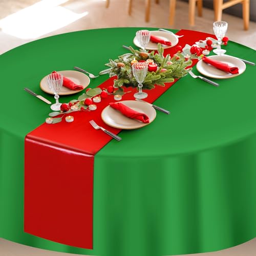 MASHAN 12 Pack Green Red Satin Table Runners & 84-Inch Plastic Christmas Tablecloths Set