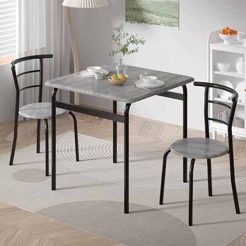 Grey 3-Piece Dining Table Set for Small Spaces - Square Wood Grain Top & Metal Frame - Space-Saving Kitchen Nook Furniture