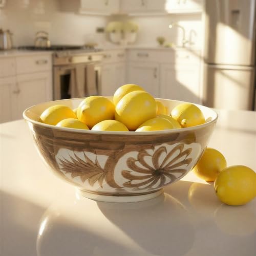 Creative Co-Op Hand-Painted Stoneware Fruit & Salad Bowl with Watercolor Floral Design, Brown, 14"