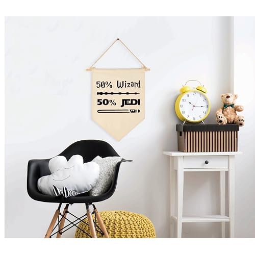 50% Wizard 50% Jedi-Canvas Hanging Flag Banner Wall Sign Decor Gift for Baby Kids Boy Nursery Teen Room Front Door -Star Quotes Wars Gift