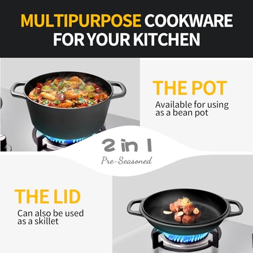 7QT Pre-Seasoned Cast Iron Dutch Oven with Skillet Lid - 2-in-1 Cooking Pot for Baking, Frying, Camping
