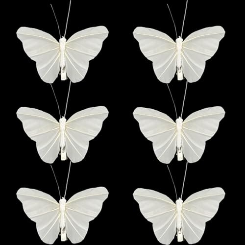 12PCS Artificial White Feather 3D Butterfly On Clip 4.9-Inch Realistic Butterflies for Spring Wreaths Crafts Christmas Tree Decorations Wedding Bouquets Decor (White)