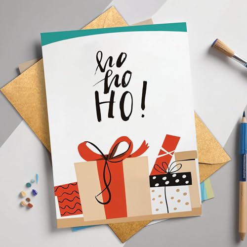 Ho Ho Ho Christmas Card with Festive Gift Box Illustration - Holiday Greeting Card for Friends & Family