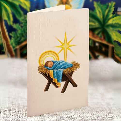 Freshcut Paper Pop Up Cards, Mini Starlit Nativity, 6 Inch Mini Sized 3D Popup Greeting Card and Paper Nativity Scene, Christmas Cards, Holiday Card, Blank Notecard & Envelope