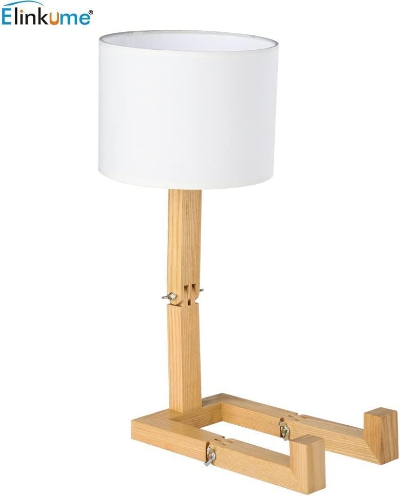 ELINKUME Robot Desk Lamp Set of 2, Creative Bedside Lamp for Bedroom,Wooden Lamp Body Adjustable,DIY E26 Living Room Table Lamps with Fabric Shade,Modern Indoor Decorative Lighting, TB-QBT005-WHM2