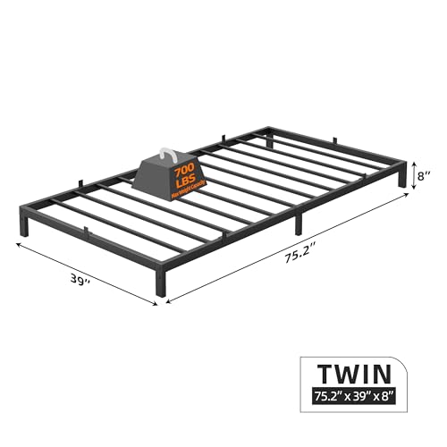 GarveeHome 8 Inch Twin Bed Frame No Box Spring Needed, Low Profile Twin Metal Platform Bed Frame Support Mattress Foundation, No Box Spring Needed/Easy Assembly/Noise Free/Black/Black
