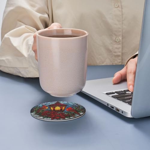Christmas Coasters for Drinks with Holder Round Leather Set of 6 Cups