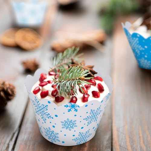 Whaline 36Pcs Winter Cupcake Wrappers White Blue Snowflake Cupcake Liners Decorative Cupcake Holders for Christmas Winter Party Cake Decoration