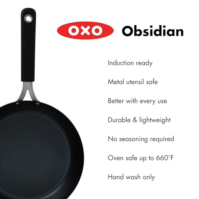 OXO Obsidian 12" Carbon Steel Frying Pan, Pre-Seasoned Skillet, Builds Natural Nonstick with Use, Induction Ready, Oven Safe, Removable Silicone Handle
