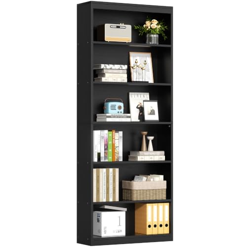 Vongrasig 71-Inch Tall Black Bookshelf - Modern Wooden Display Bookcase