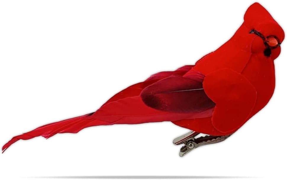 Red Cardinal Clip-On Christmas Tree Ornaments - Set of 12, 5" Long with Flocked Body & Feathered Wings